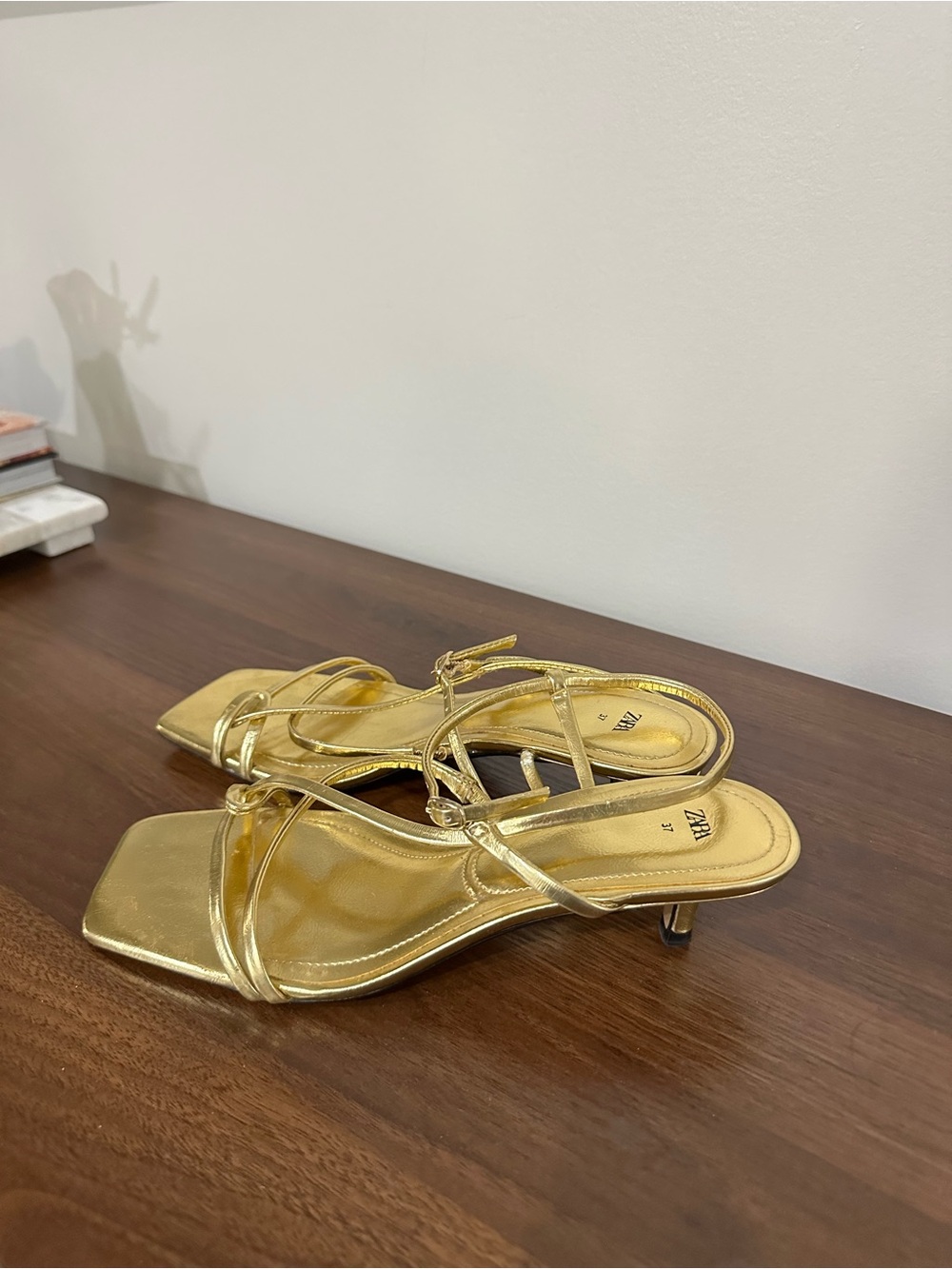 Zara Metallic Gold Strappy Low Heel Sandals